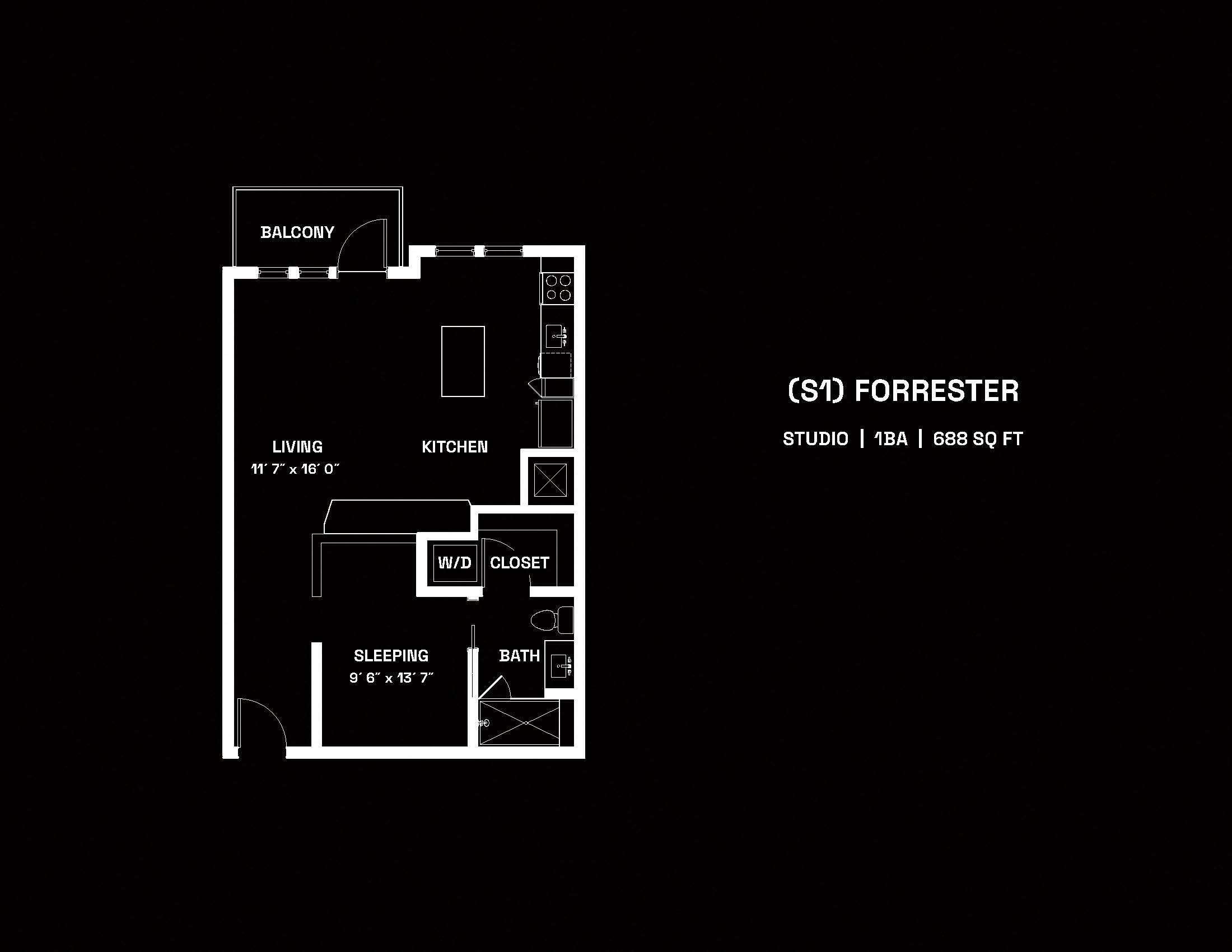 Floor plan for studio, 1 bath, 688 sqft